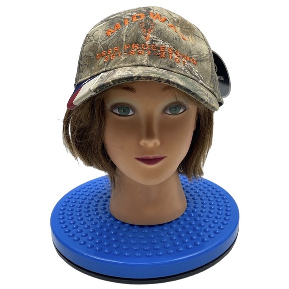 Midway Deer Processing Logo Mens Real Tree Camouflage Strapback Hat - Picture 1 of 8
